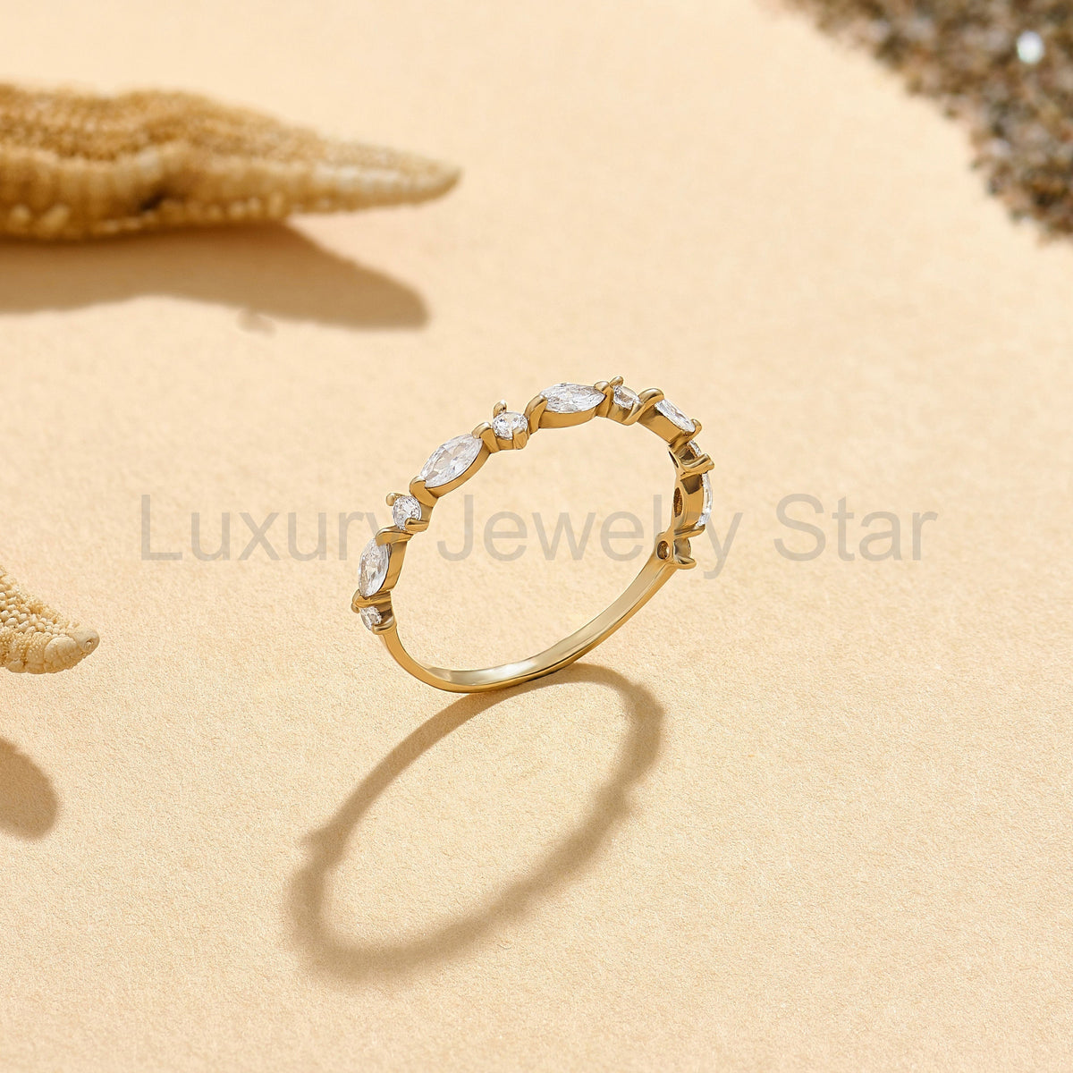 Marquise Diamond Half Eternity Band – Solid Gold Unique Wedding Ring, Marquise Gold - image 9