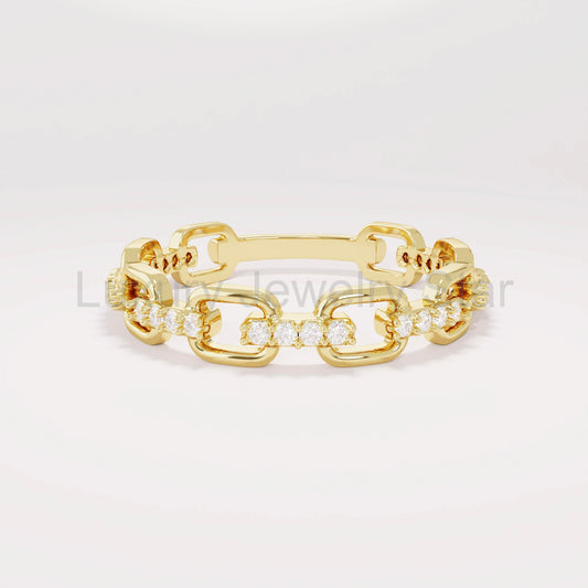 14k Solid Gold Diamond Open Link Ring – Women's Minimalist Stackable Eternity Band, Handmade Dainty