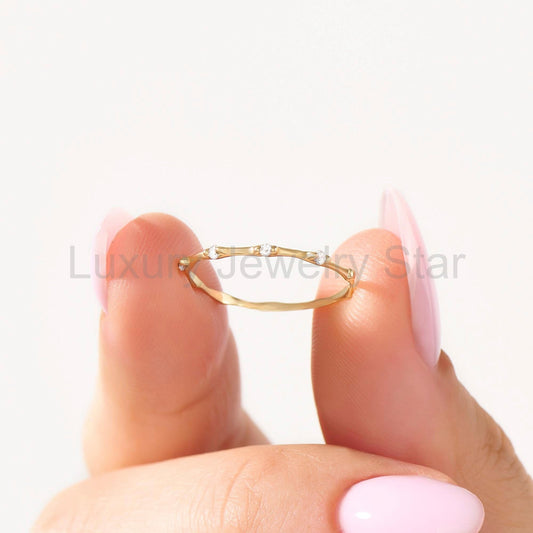 Diamond Stackable Ring, 14k Solid Gold Stacking Ring, Tiny Diamond Bone Band for Women, Diamond