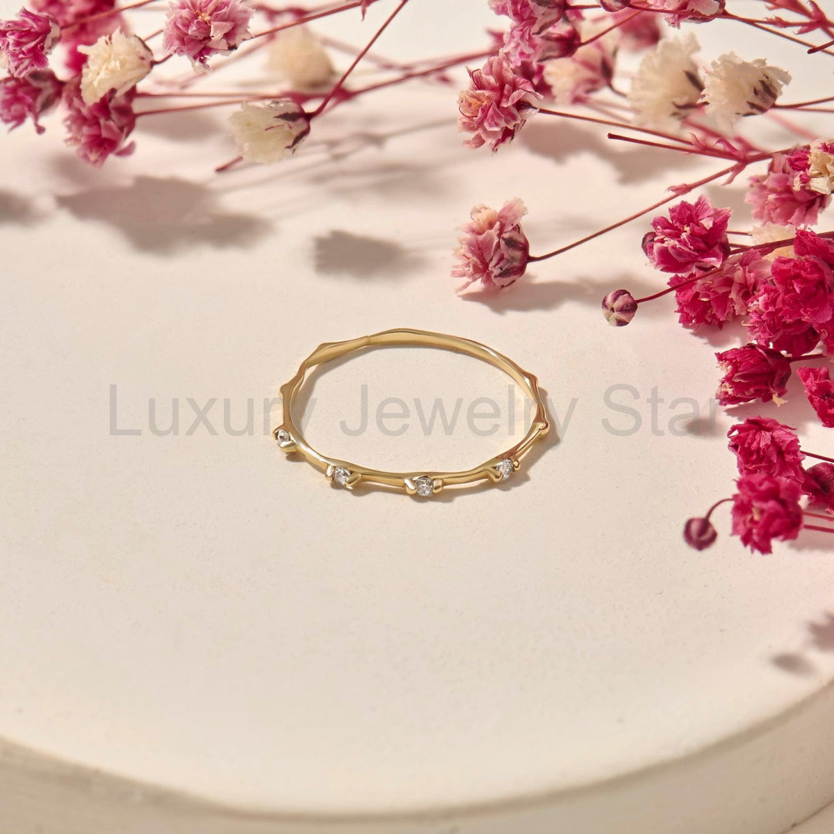 Diamond Stackable Ring, 14k Solid Gold Stacking Ring, Tiny Diamond Bone Band for Women - image 3