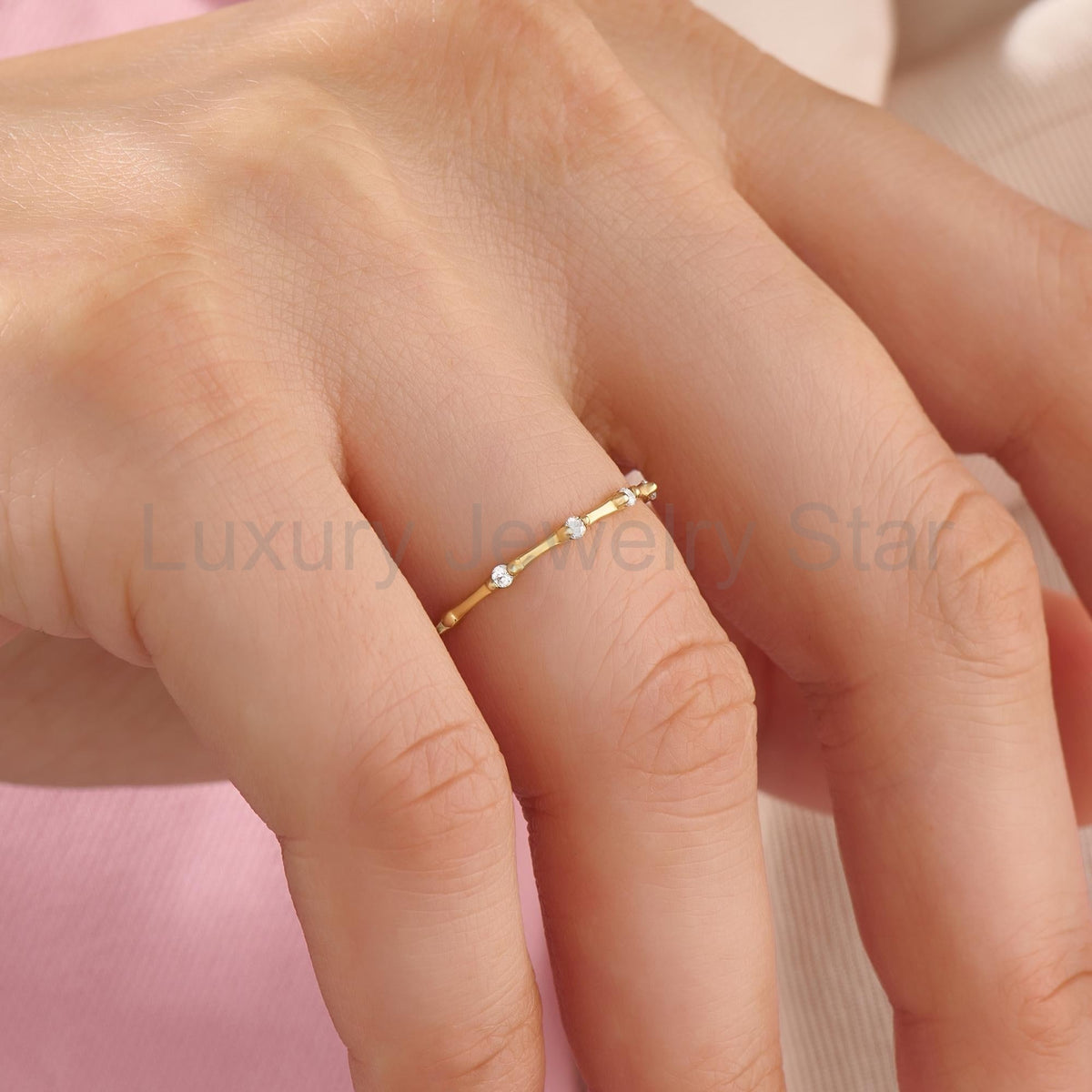 Diamond Stackable Ring, 14k Solid Gold Stacking Ring, Tiny Diamond Bone Band for Women - image 4