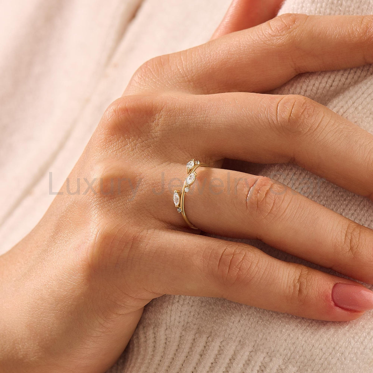 Nature-Inspired Bridal Jewelry – 14K Solid Gold Diamond Leaf Wedding Ring, Women's Dainty - image 3