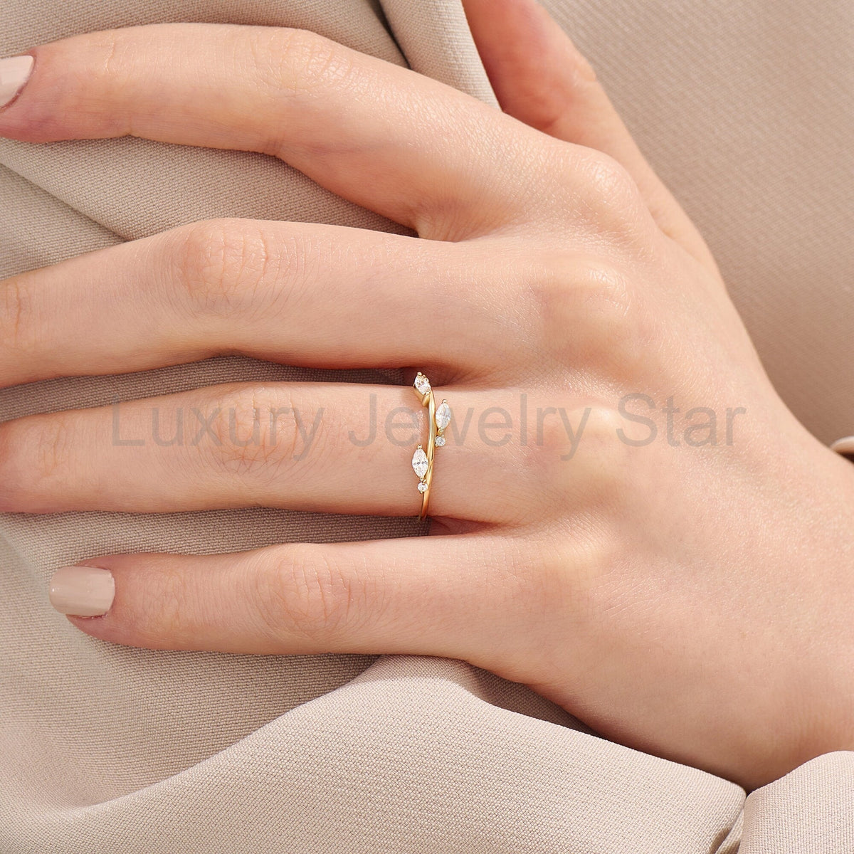 Nature-Inspired Bridal Jewelry – 14K Solid Gold Diamond Leaf Wedding Ring, Women's Dainty - image 8
