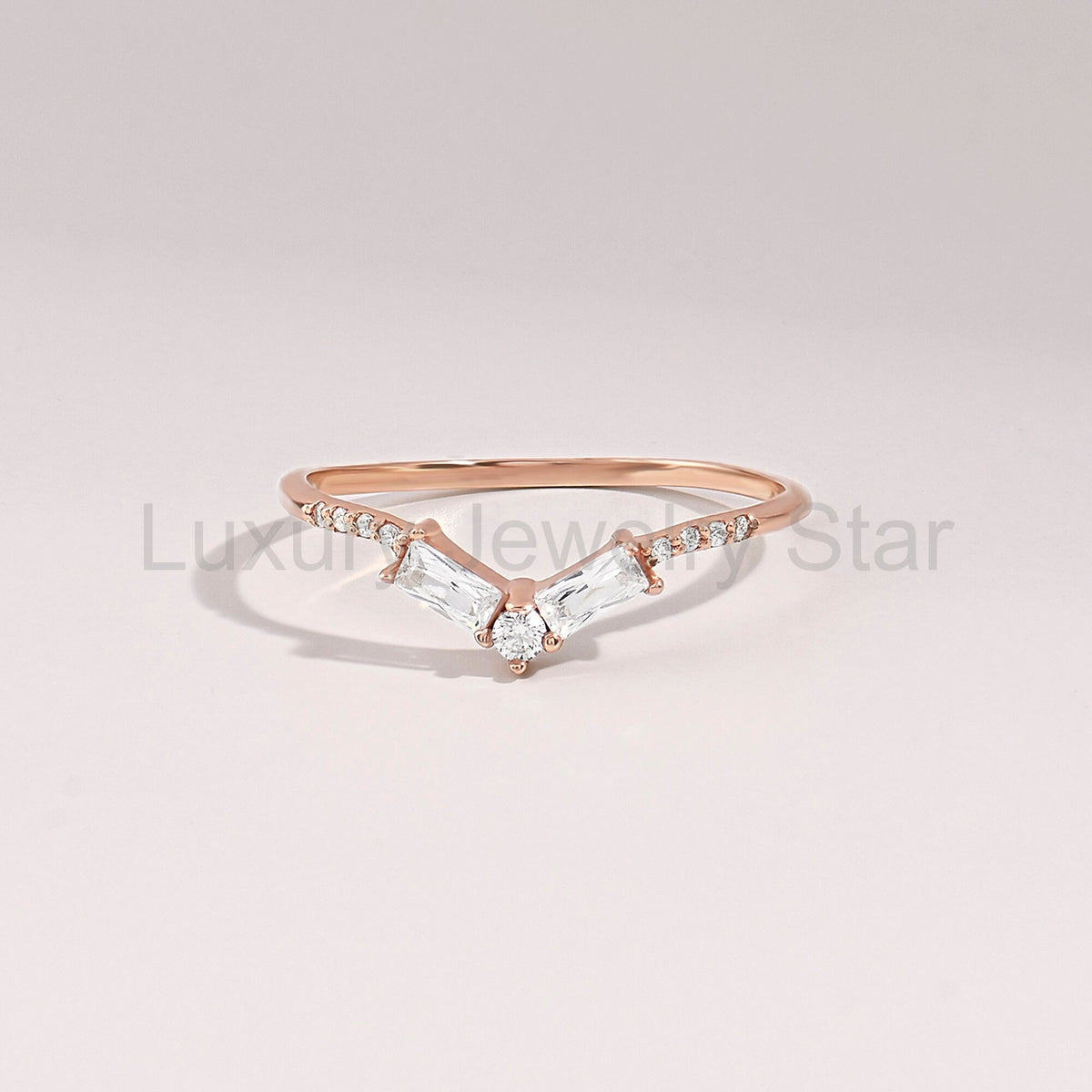 Women's Minimalist Curved 14K Gold Ring - V-Shaped Diamond Baguette Wedding Band, Stackable Nesting