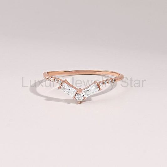 Women's Minimalist Curved 14K Gold Ring - V-Shaped Diamond Baguette Wedding Band, Stackable Nesting