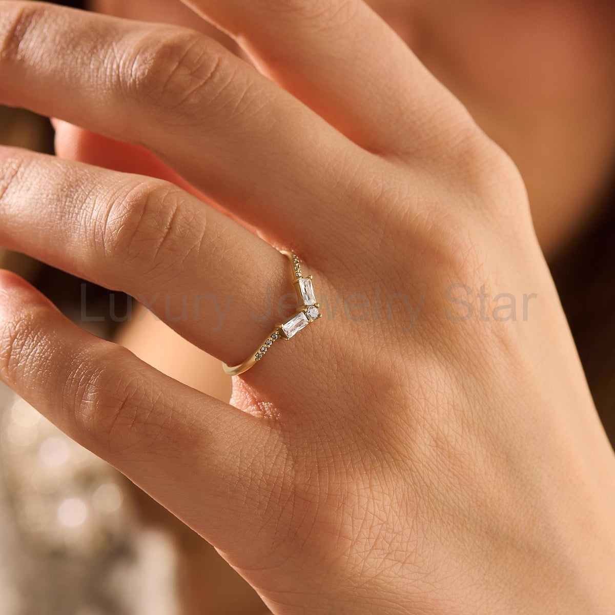 Women's Minimalist Curved 14K Gold Ring - V-Shaped Diamond Baguette Wedding Band - image 3