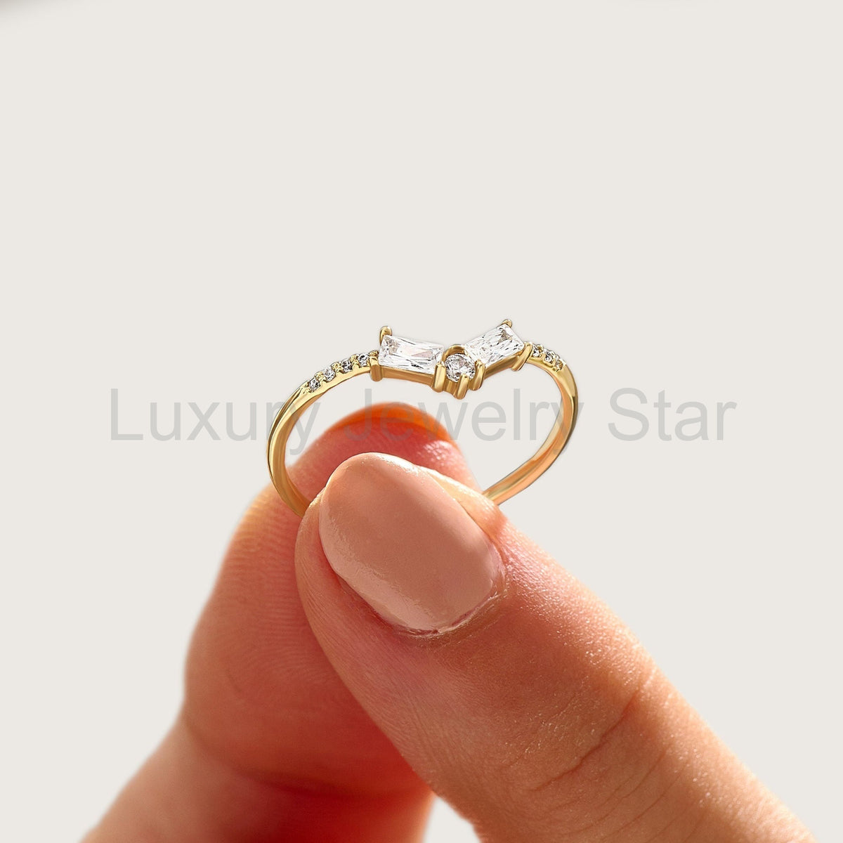 Women's Minimalist Curved 14K Gold Ring - V-Shaped Diamond Baguette Wedding Band - image 4