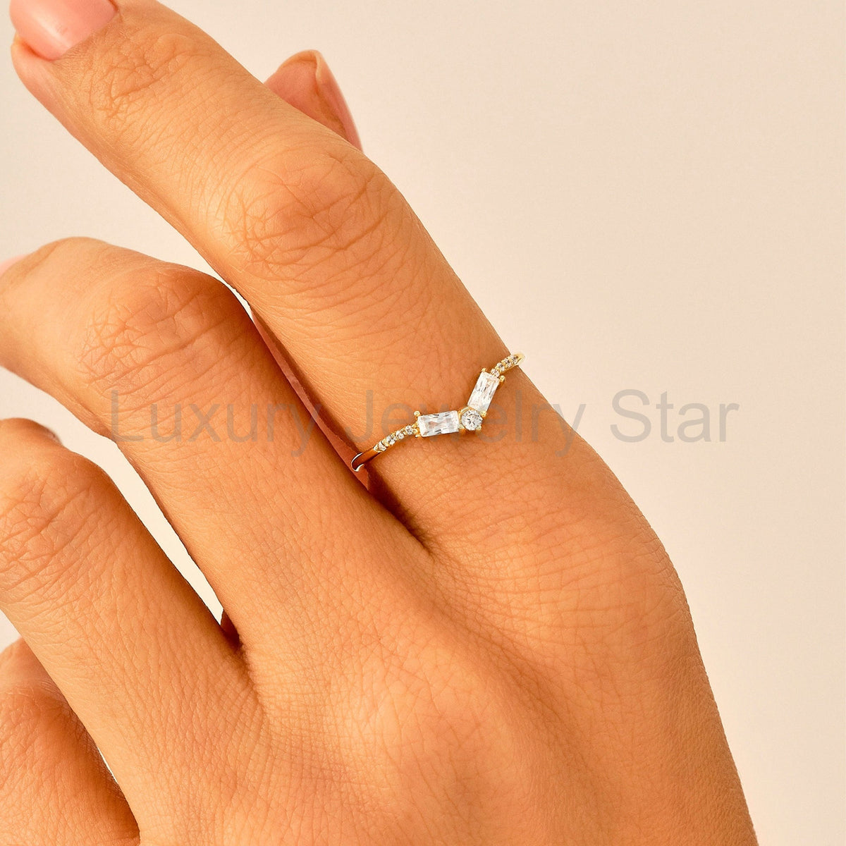 Women's Minimalist Curved 14K Gold Ring - V-Shaped Diamond Baguette Wedding Band - image 7