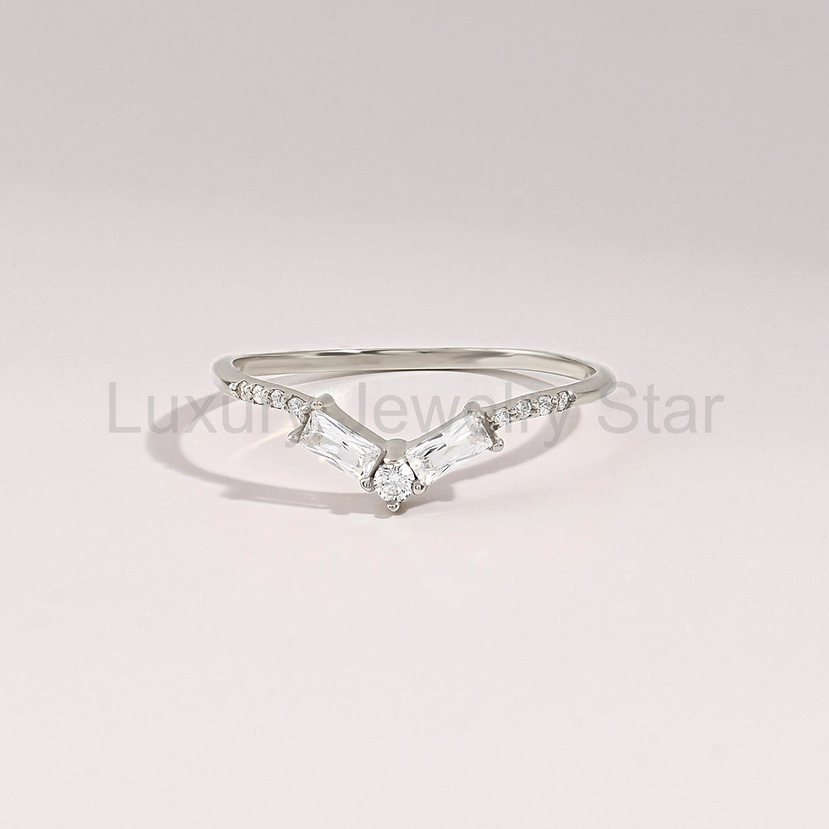 Women's Minimalist Curved 14K Gold Ring - V-Shaped Diamond Baguette Wedding Band - image 8
