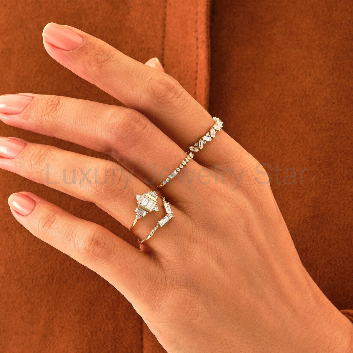 Women's Minimalist Curved 14K Gold Ring - V-Shaped Diamond Baguette Wedding Band - image 9