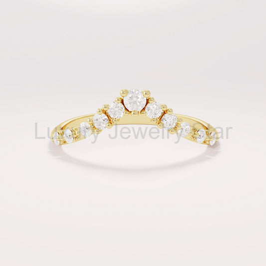 Women's 14K Solid Gold Curved Diamond Ring V-Shaped Dainty Stackable Contour Band & Nesting Enhancer