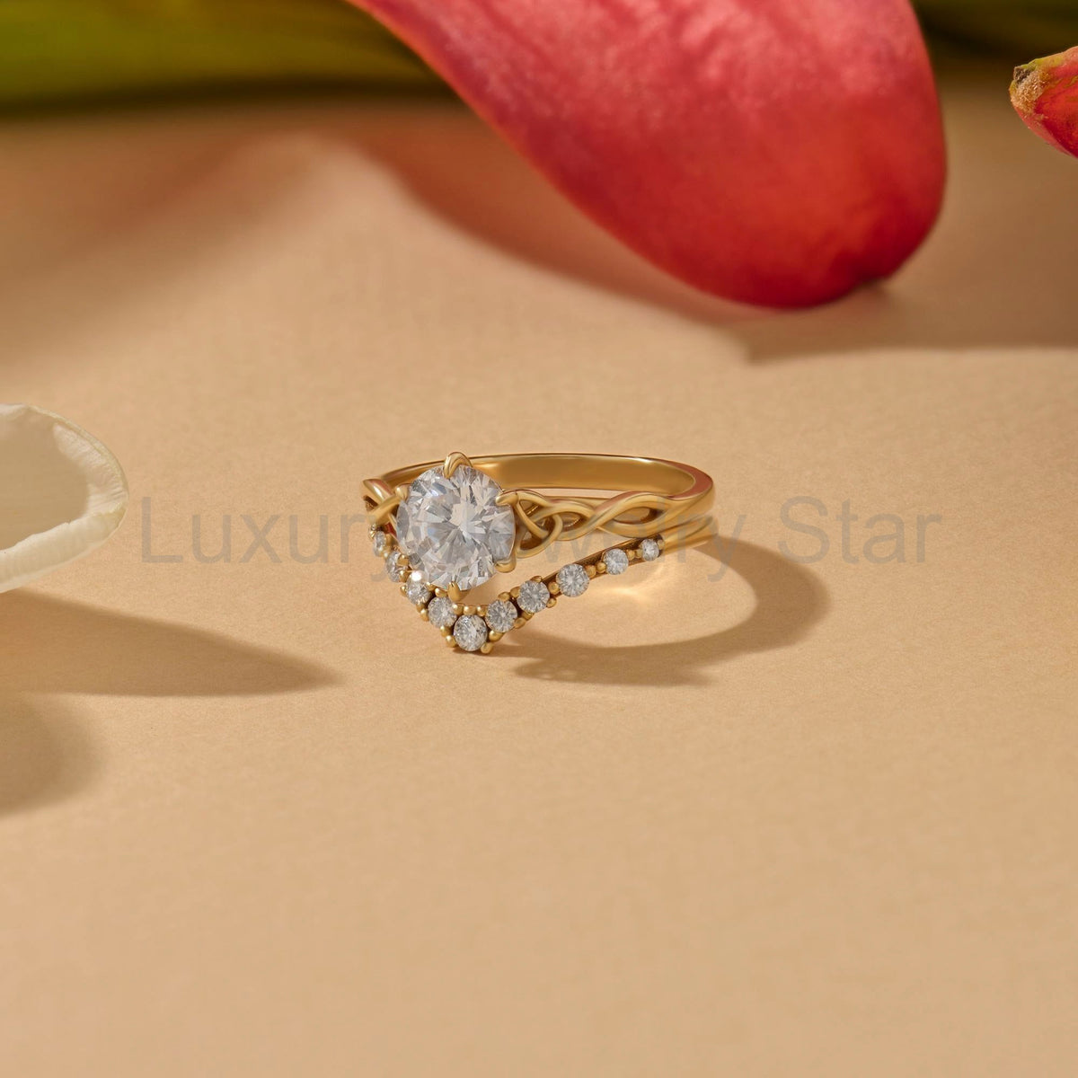 Women's 14K Solid Gold Curved Diamond Ring V-Shaped Dainty Stackable Contour Band & - image 3