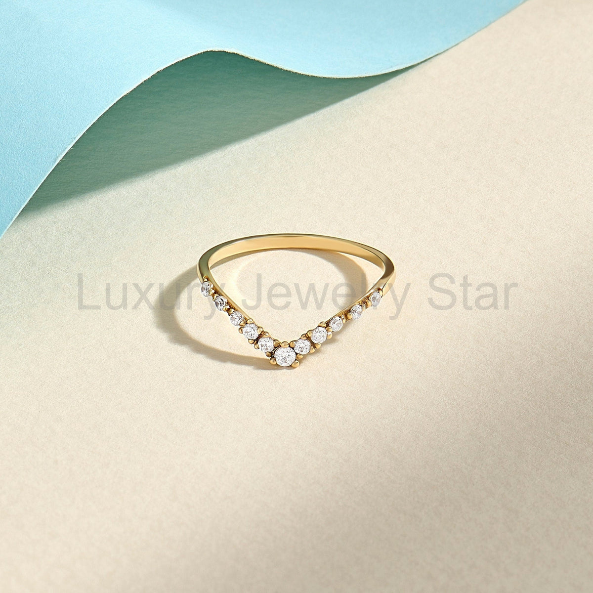 Women's 14K Solid Gold Curved Diamond Ring V-Shaped Dainty Stackable Contour Band & - image 9