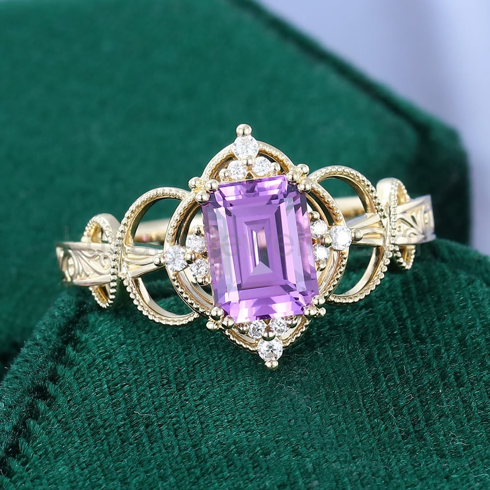 Emerald Cut Purple Sapphire Engagement Ring Milgrain Filigree Halo Scroll Band - image 3