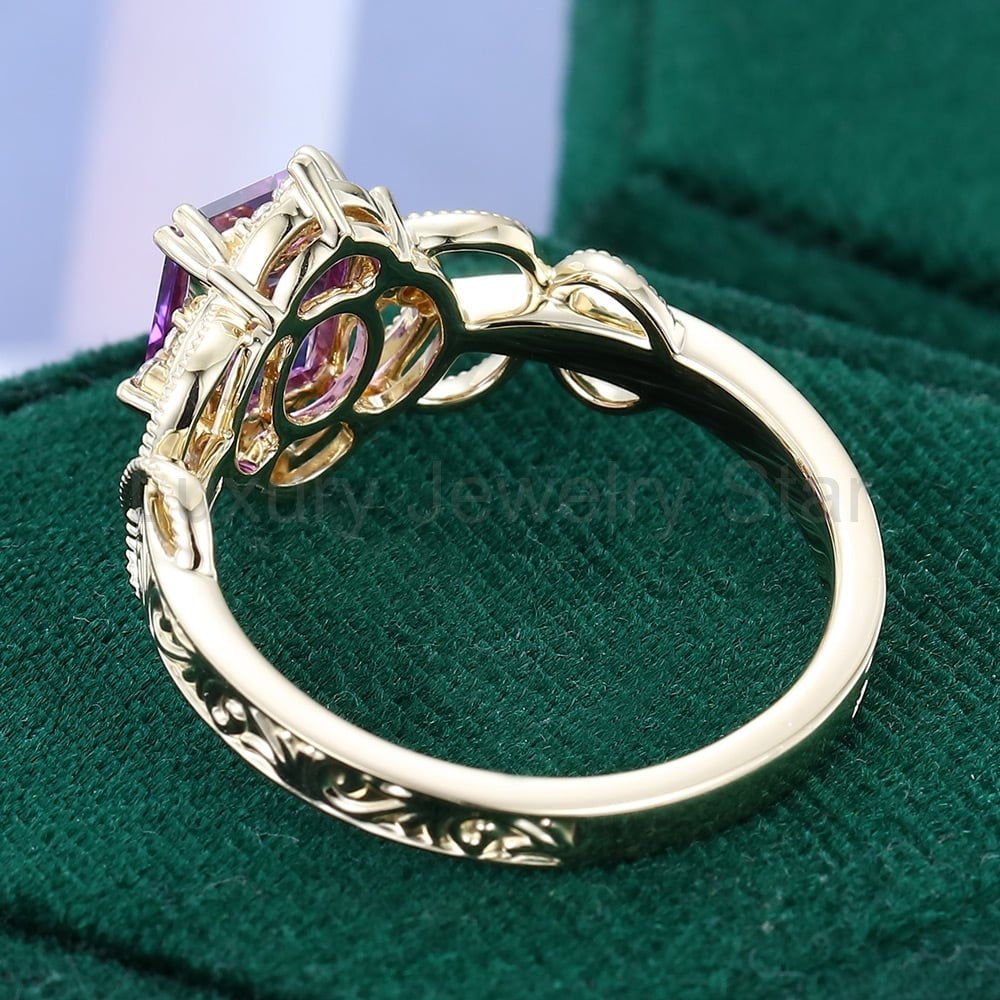 Emerald Cut Purple Sapphire Engagement Ring Milgrain Filigree Halo Scroll Band - image 4