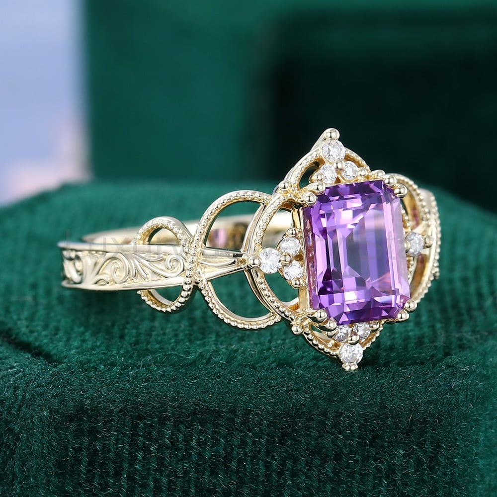 Emerald Cut Purple Sapphire Engagement Ring Milgrain Filigree Halo Scroll Band - image 5