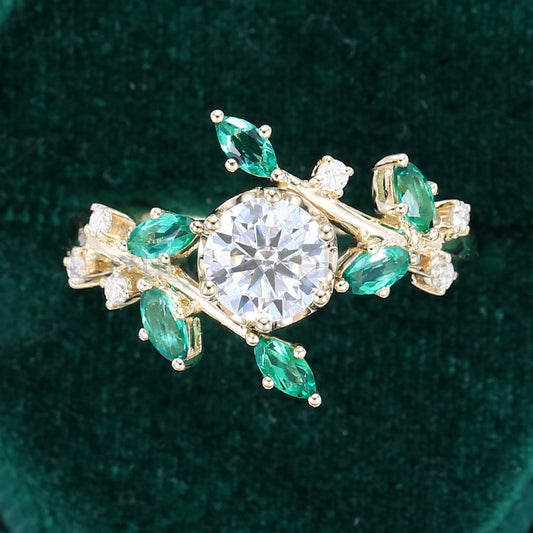 TwigLine Moissanite & Emerald Bypass Ring Nature Inspired Round Cut Engagement Ring