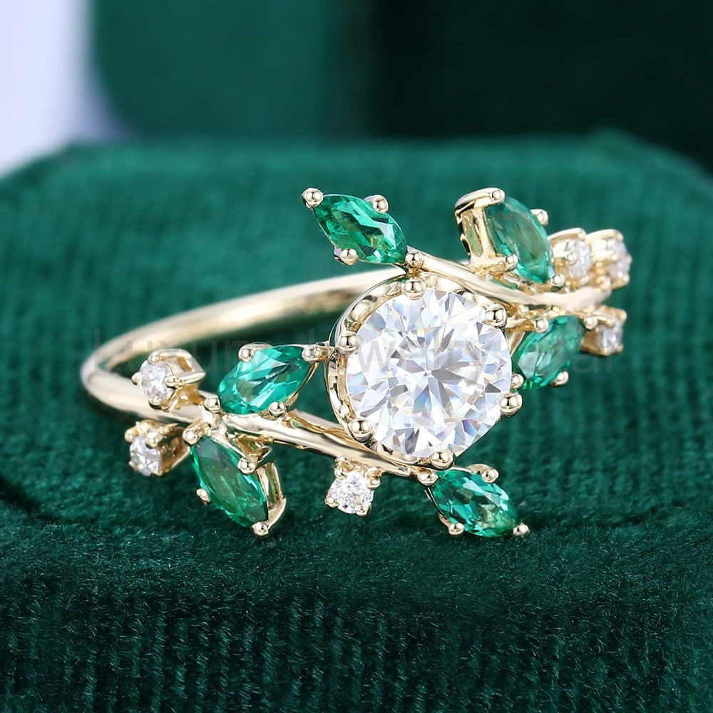 TwigLine Moissanite & Emerald Bypass Ring Nature Inspired Round Cut Engagement Ring - image 3