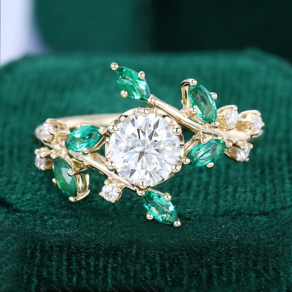 TwigLine Moissanite & Emerald Bypass Ring Nature Inspired Round Cut Engagement Ring - image 5