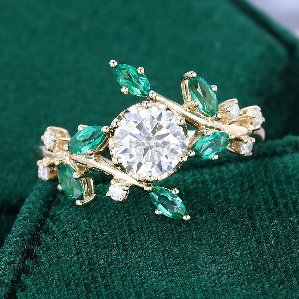 TwigLine Moissanite & Emerald Bypass Ring Nature Inspired Round Cut Engagement Ring - image 6