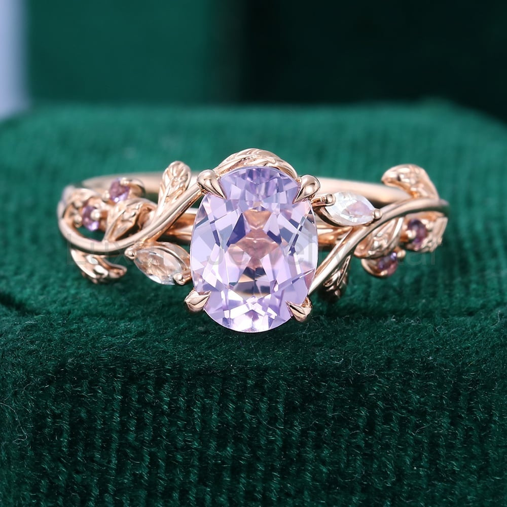 Nature Inspired Leaf Ring Lavender Amethyst Promise Ring Oval Cut Ring - image 4