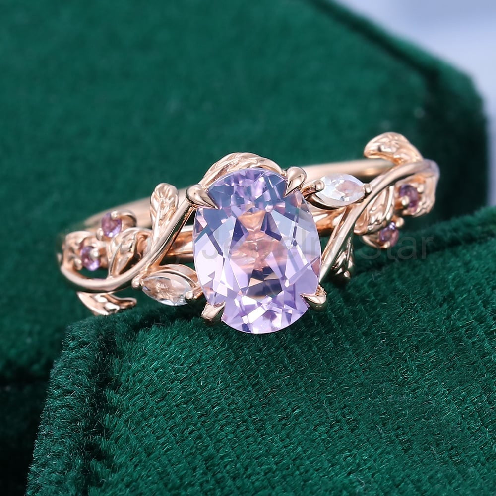 Nature Inspired Leaf Ring Lavender Amethyst Promise Ring Oval Cut Ring - image 5