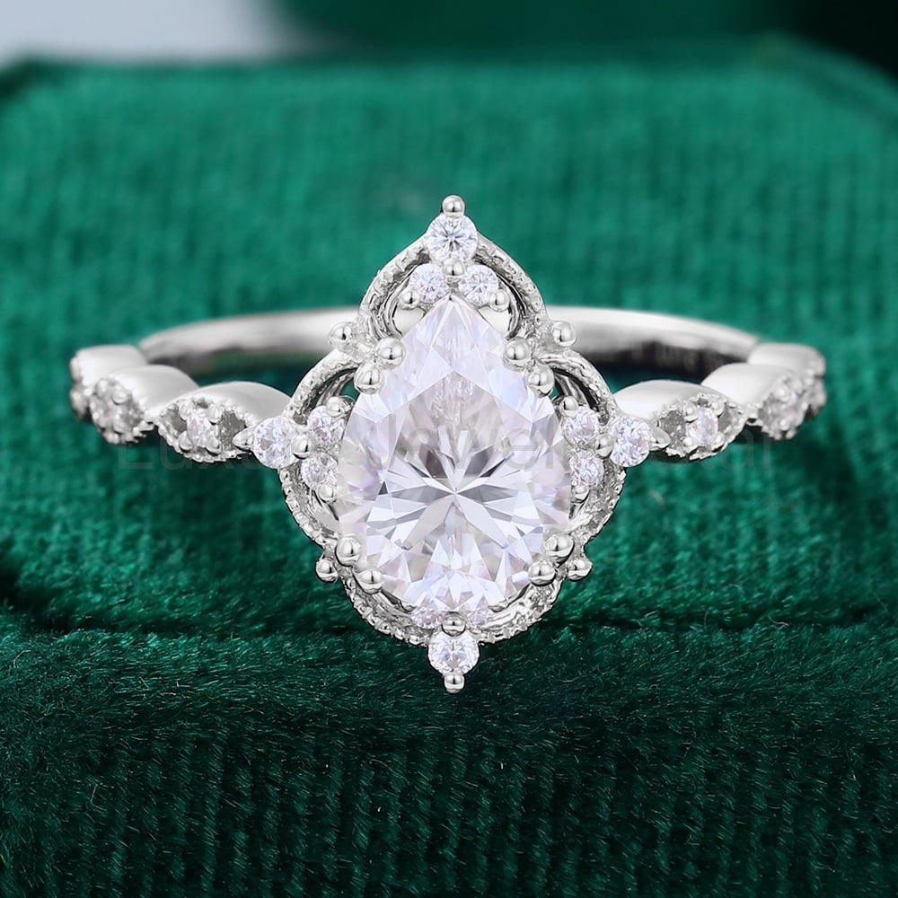 Filigree Floral Halo | Vintage Inspired Pear Cut Moissanite Engagement Ring with Milgrain Accents