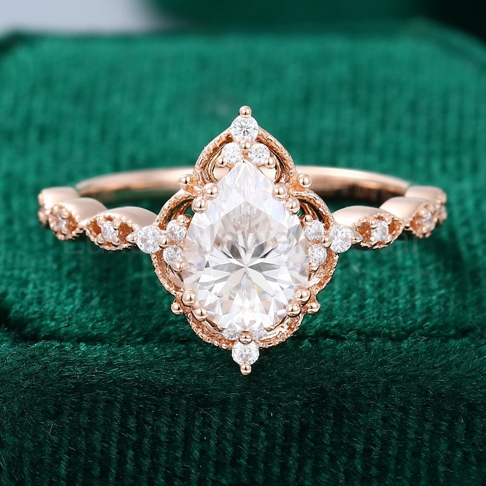 Filigree Floral Halo | Vintage Inspired Pear Cut Moissanite Engagement Ring with Milgrain - image 2