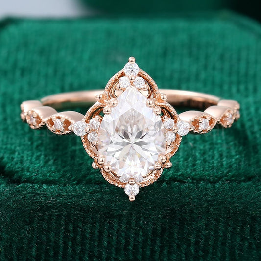 Filigree Floral Halo | Vintage Inspired Pear Cut Moissanite Engagement Ring with Milgrain - image 2