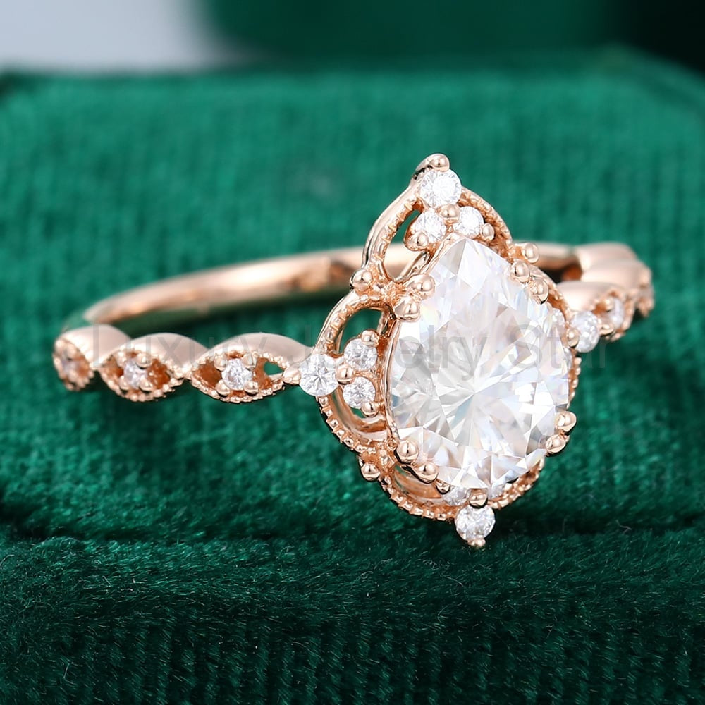 Filigree Floral Halo | Vintage Inspired Pear Cut Moissanite Engagement Ring with Milgrain - image 3