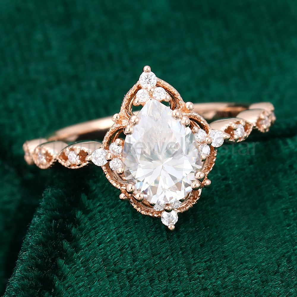 Filigree Floral Halo | Vintage Inspired Pear Cut Moissanite Engagement Ring with Milgrain - image 4