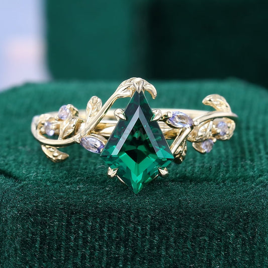 LeafLace | Kite Cut Emerald Engagement Ring with Tanzanite Accents
