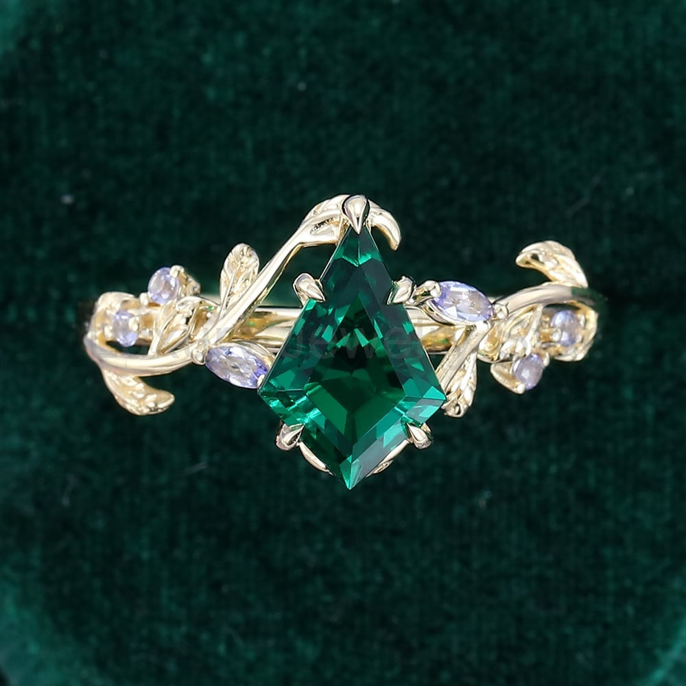 LeafLace | Kite Cut Emerald Engagement Ring with Tanzanite Accents - image 2