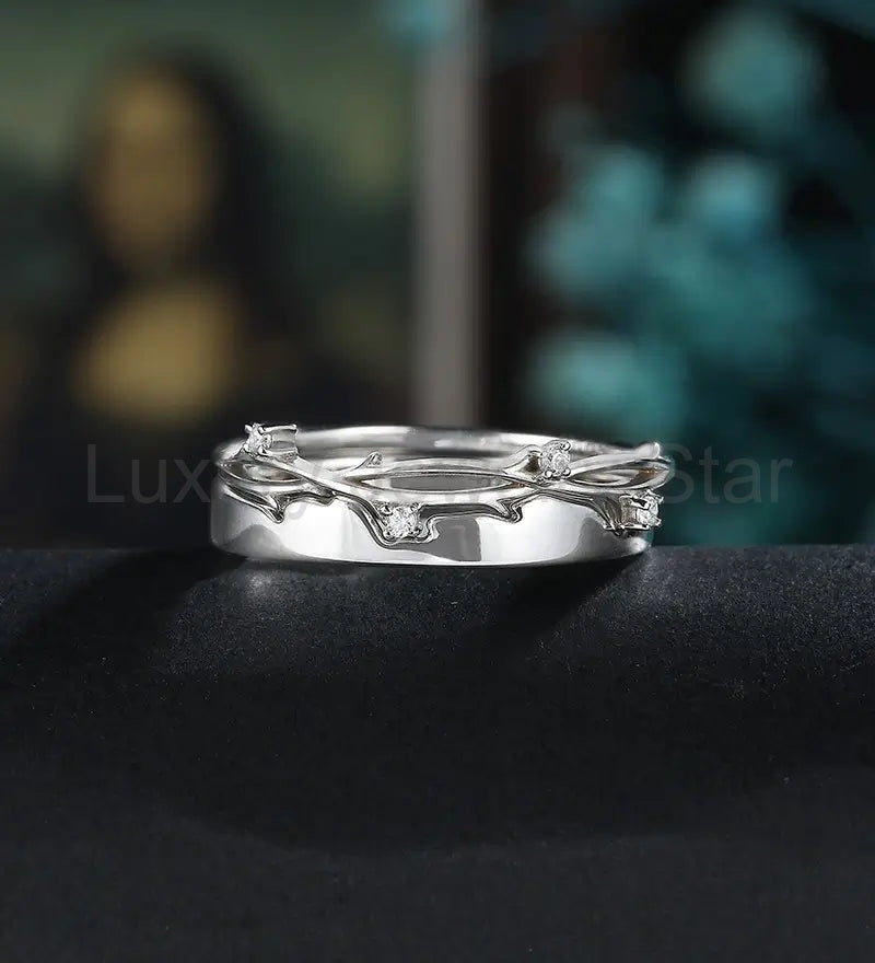 Anniversary White Gold Bridal Set Nature Inspired Leaf Ring Set Couple Eternity Rings Moissanite