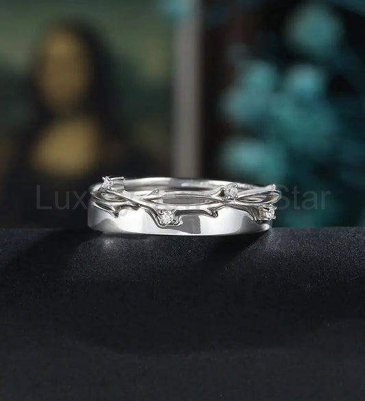 Anniversary White Gold Bridal Set Nature Inspired Leaf Ring Set Couple Eternity Rings Moissanite