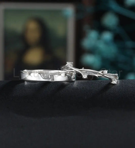Anniversary White Gold Bridal Set Nature Inspired Leaf Ring Set Couple Eternity Rings - image 2