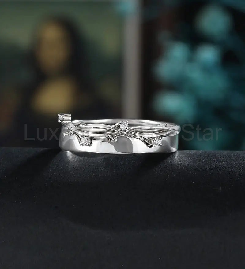 Anniversary White Gold Bridal Set Nature Inspired Leaf Ring Set Couple Eternity Rings - image 3