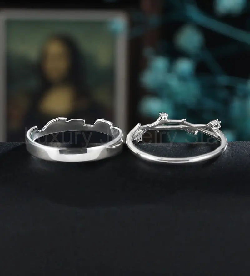 Anniversary White Gold Bridal Set Nature Inspired Leaf Ring Set Couple Eternity Rings - image 4
