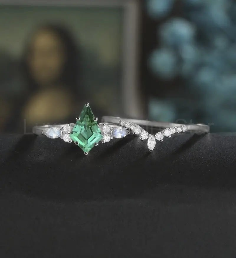 Kite Cut Lab Emerald Bridal Set Solid Gold Engagement Ring Set Marquise Moonstone Bridal - image 3