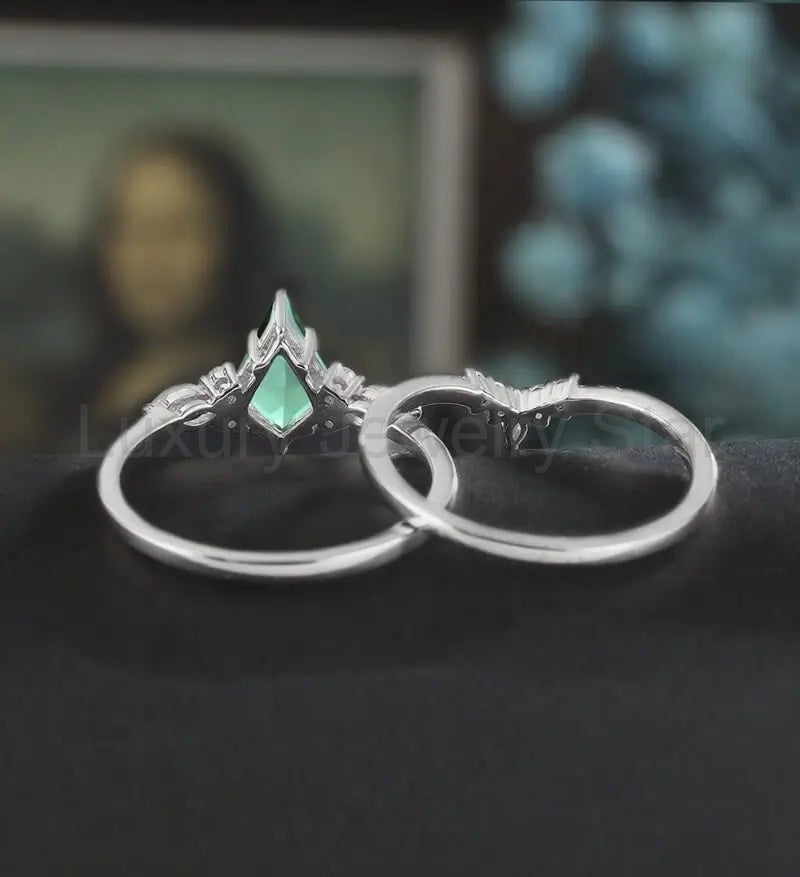 Kite Cut Lab Emerald Bridal Set Solid Gold Engagement Ring Set Marquise Moonstone Bridal - image 4