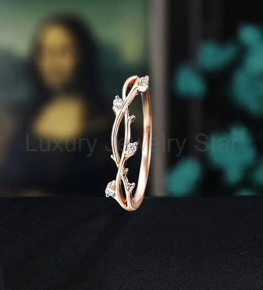 Leaf Opal Wedding Band Solid Gold Matching Band Curved Wedding Ring Anniversary Bridal Ring For Her