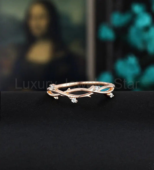 Leaf Opal Wedding Band Solid Gold Matching Band Curved Wedding Ring Anniversary Bridal - image 2