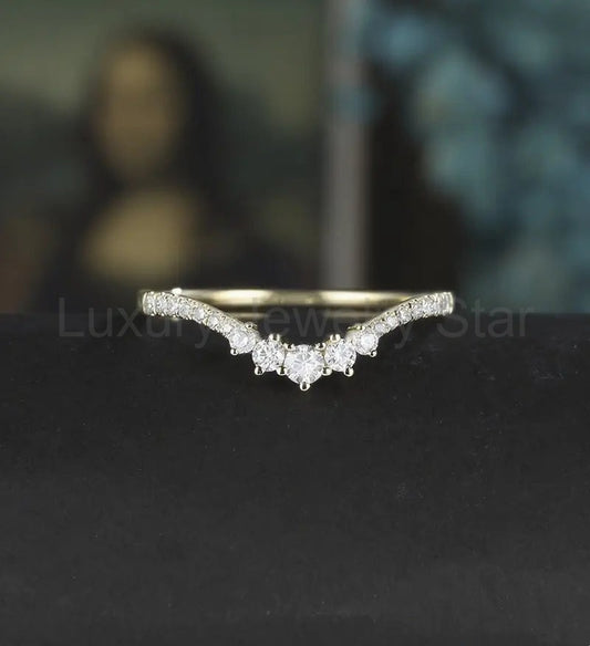 Curved Moissanite Wedding Bnad Solid Gold Diamond Matching Band Lab Diamond Ring Anniversary Bridal