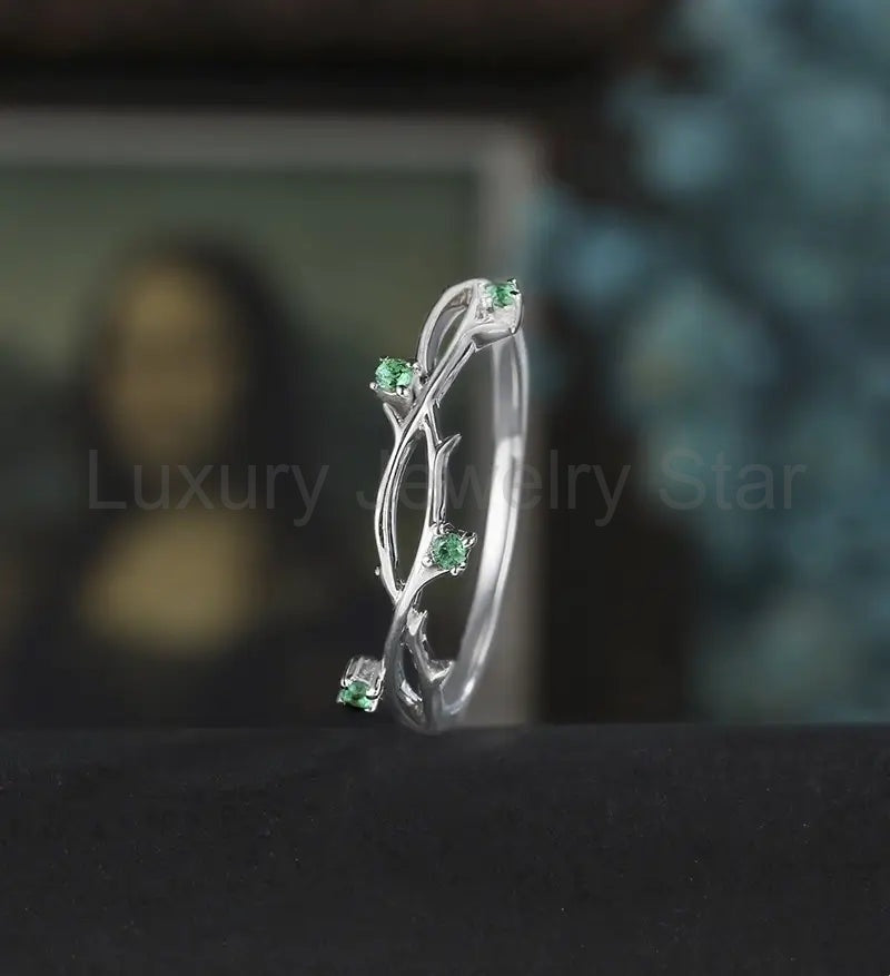 Solid Gold Emerald Wedding Bnad Nature Inspired Leaf Ring 14K/18K Gold Anniversary Matching Band