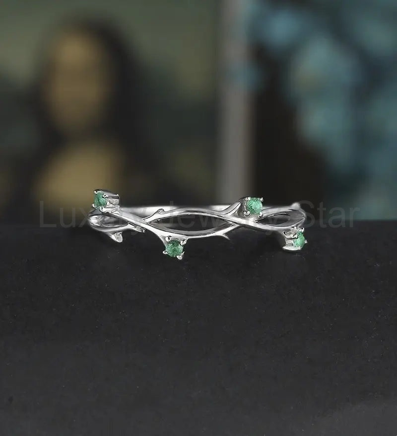 Solid Gold Emerald Wedding Bnad Nature Inspired Leaf Ring 14K/18K Gold Anniversary - image 2