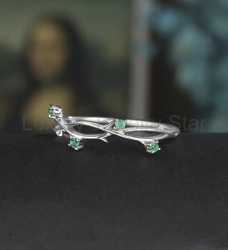 Solid Gold Emerald Wedding Bnad Nature Inspired Leaf Ring 14K/18K Gold Anniversary - image 3