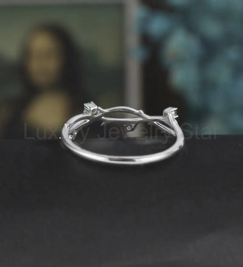 Solid Gold Emerald Wedding Bnad Nature Inspired Leaf Ring 14K/18K Gold Anniversary - image 4