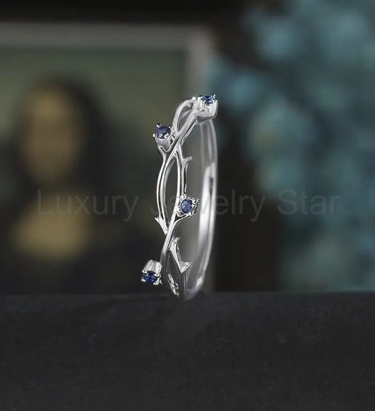 Solid Gold Sapphire Wedding Bnad 14K/18K Gold Matching Band Nature Inspired Leaf Ring Anniversary