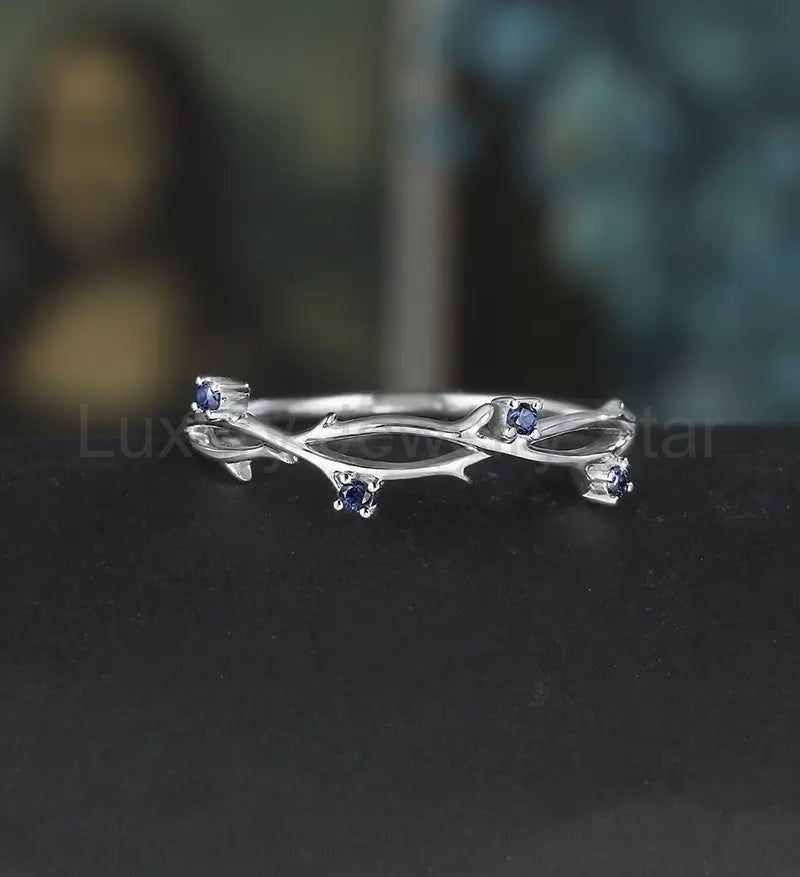 Solid Gold Sapphire Wedding Bnad 14K/18K Gold Matching Band Nature Inspired Leaf Ring - image 2