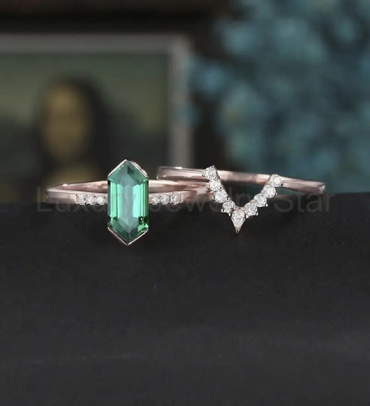 Long Hexagon Emerald Engagement Ring Set Solid Gold Bridal Set Moissanite Dimond Bridal Set